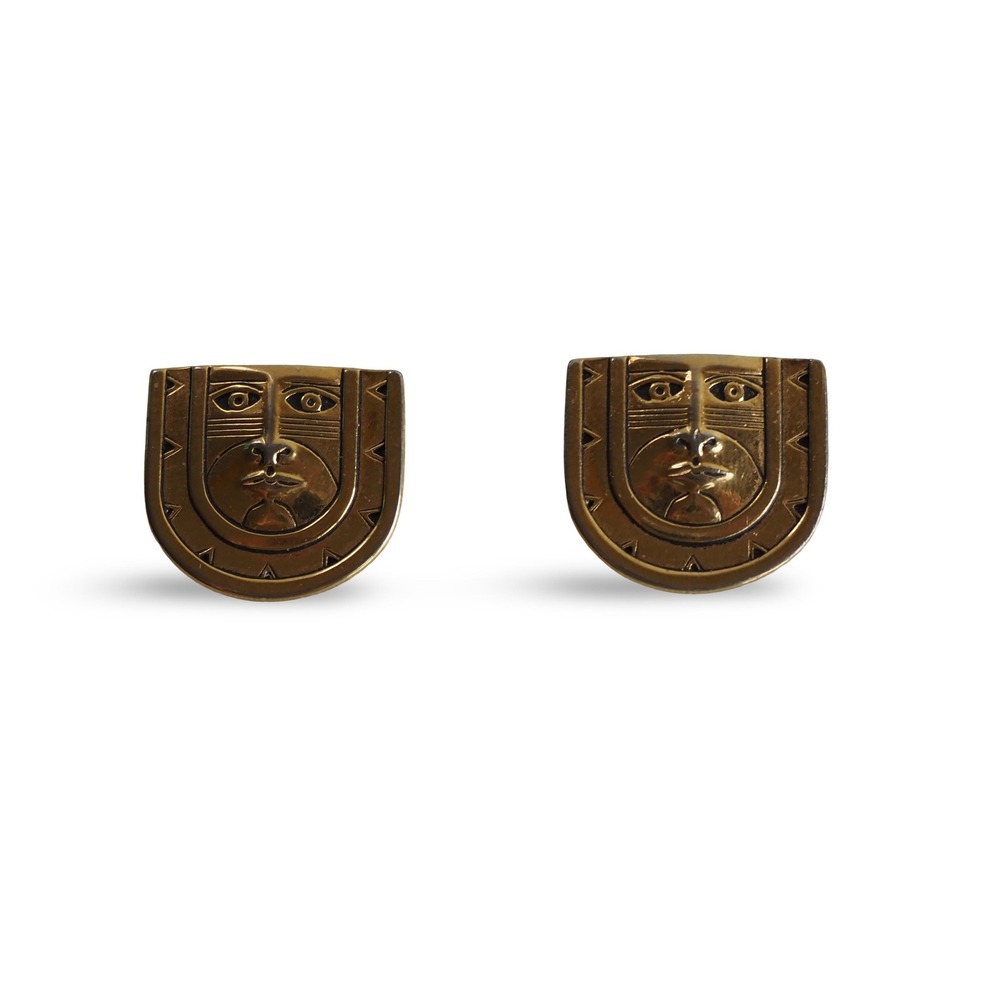 Vintage Laurel Burch Gold Tone Face Mask Pierced Stud Earrings Signed Tribal